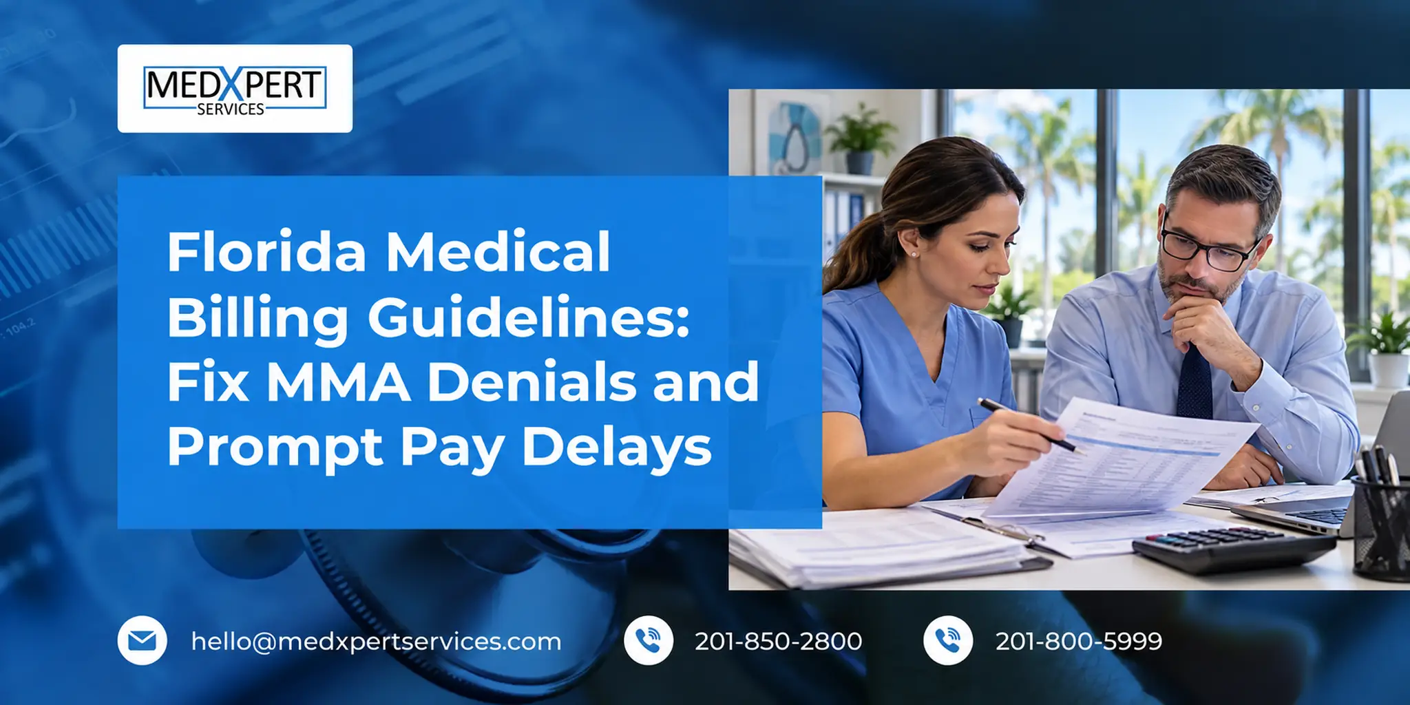 Medical billing professionals reviewing claims for Florida MMA denials and prompt pay delays