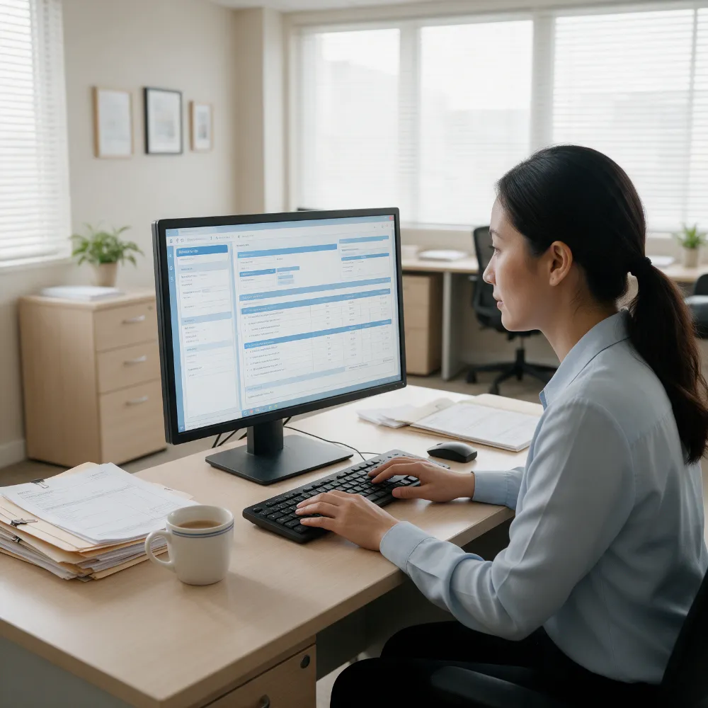 Medical billing specialist reviewing insurance claims at a computer